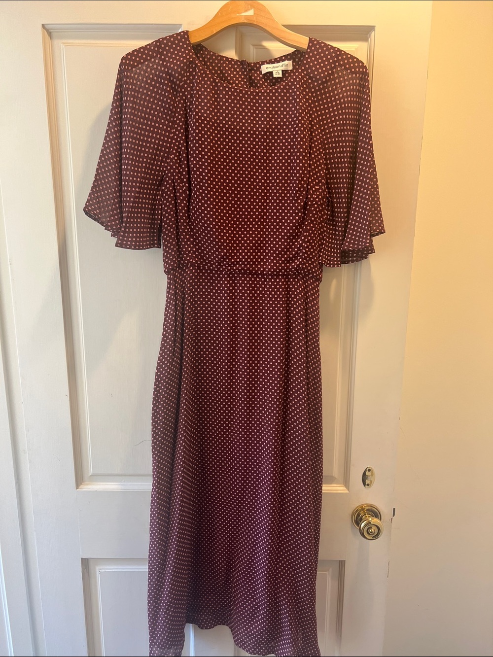 Polka Dot Midi Dress in Burgundy with Flutter Sleeves